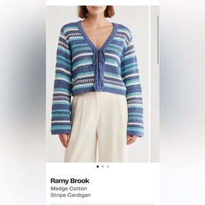 Ramy Brook Blue and Cream Stripe Cotton Tie-Front Cardigan